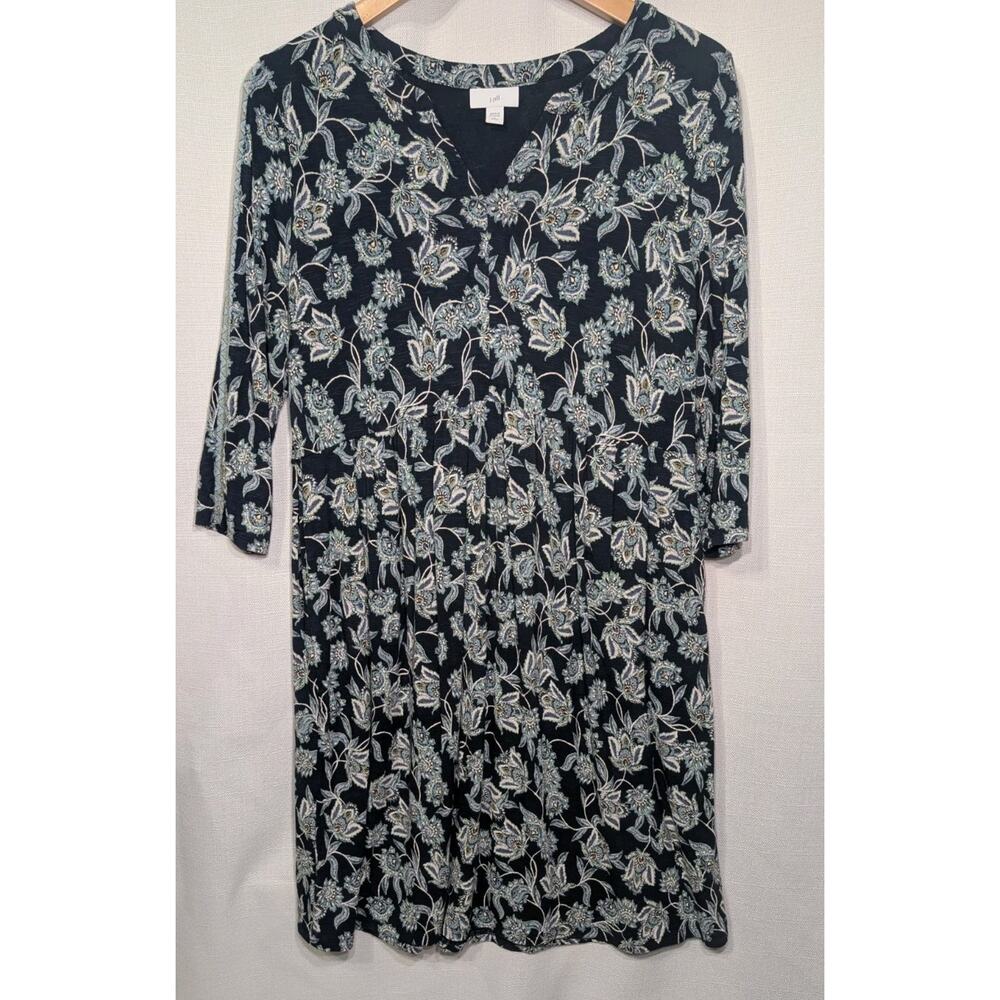 J Jill Dress Womens SP Blue Floral 3/4 Sleeve Knit Shift‎ Pockets Cottagecore